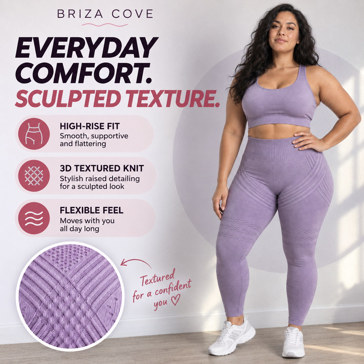 Briza Cove lavender textured leggings with feature callouts